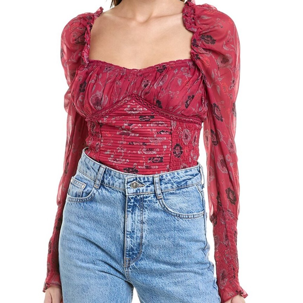 FREE PEOPLE brunch date floral print red combo bodysuit Sz S NEW